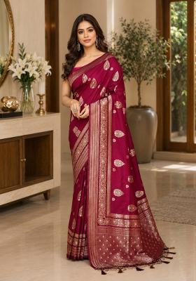 Deep Magenta Woven Design Silk Saree Set