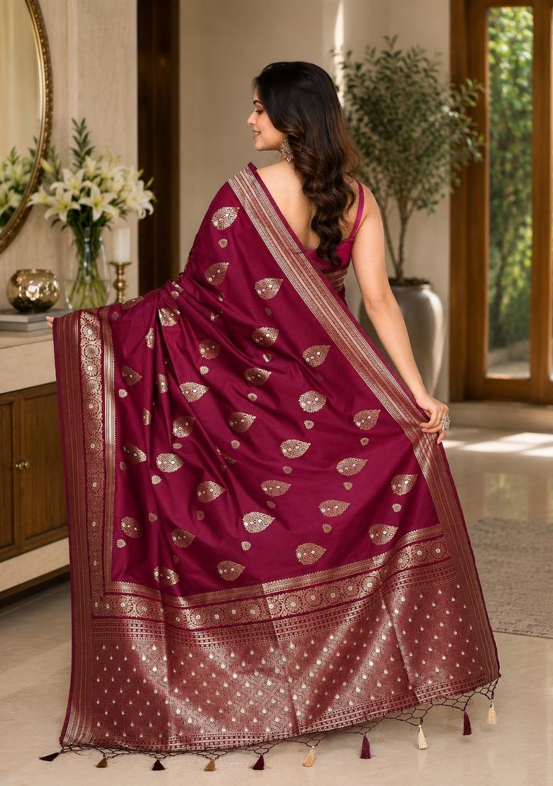 Deep Magenta Woven Design Silk Saree Set - Indya