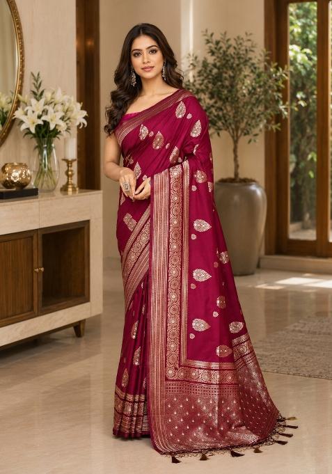 Deep Magenta Woven Design Silk Saree Set