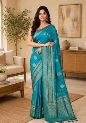 Turquoise Woven Design Silk Saree Set
