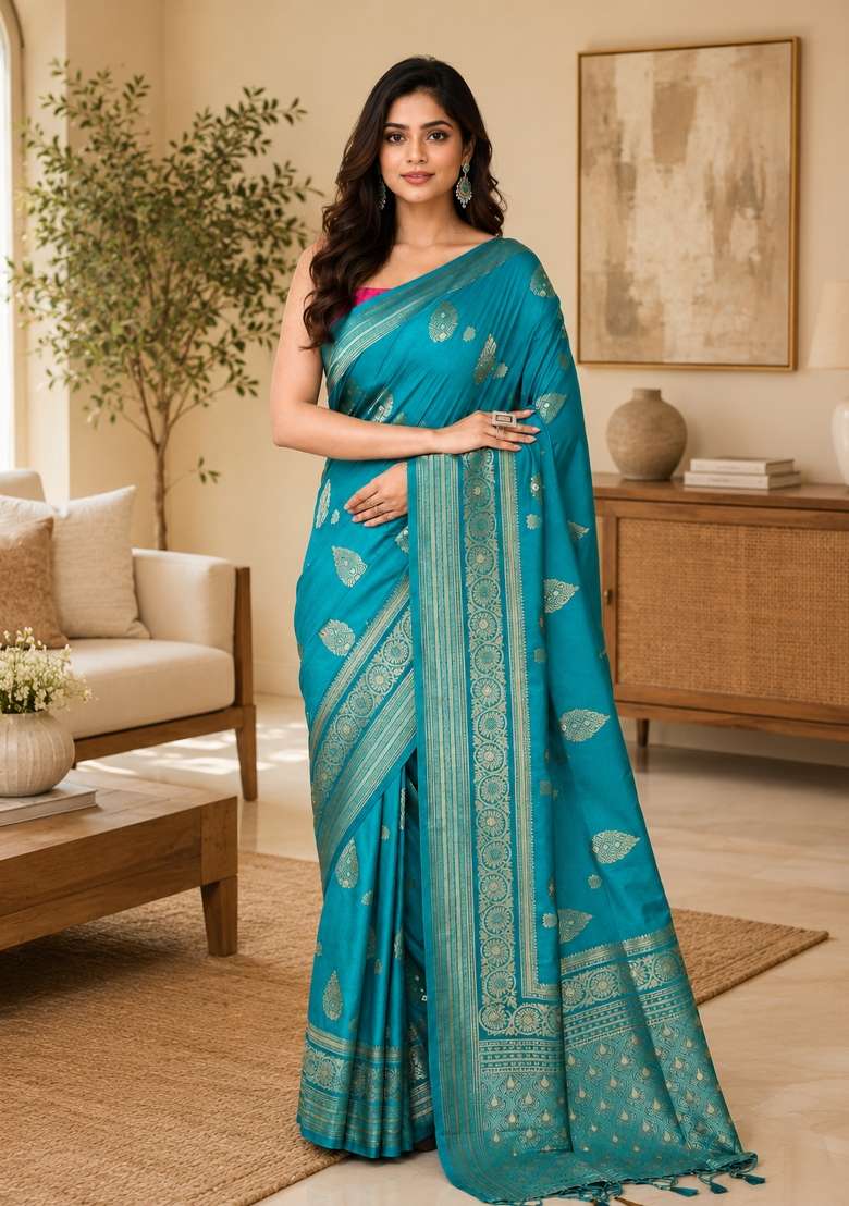 Turquoise Woven Design Silk Saree Set for Diwali and Festive Wear - Indya