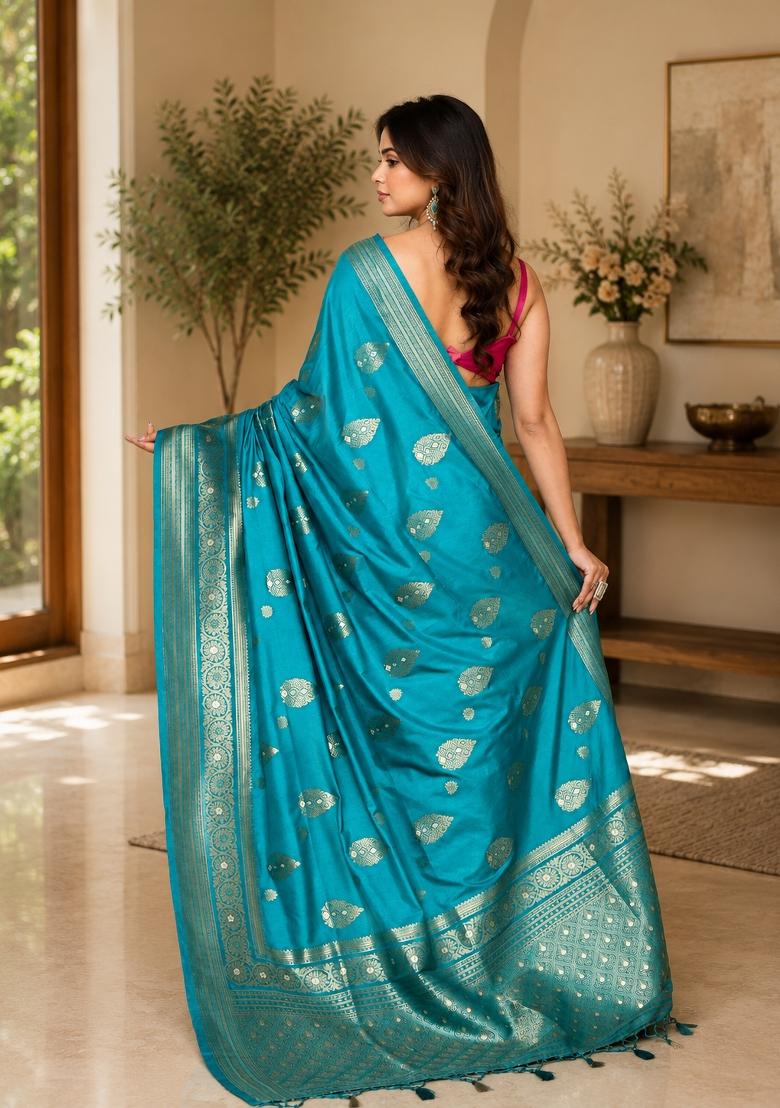 Turquoise Woven Design Silk Saree Set - Indya