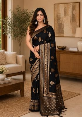 Black Woven Design Silk Saree Set