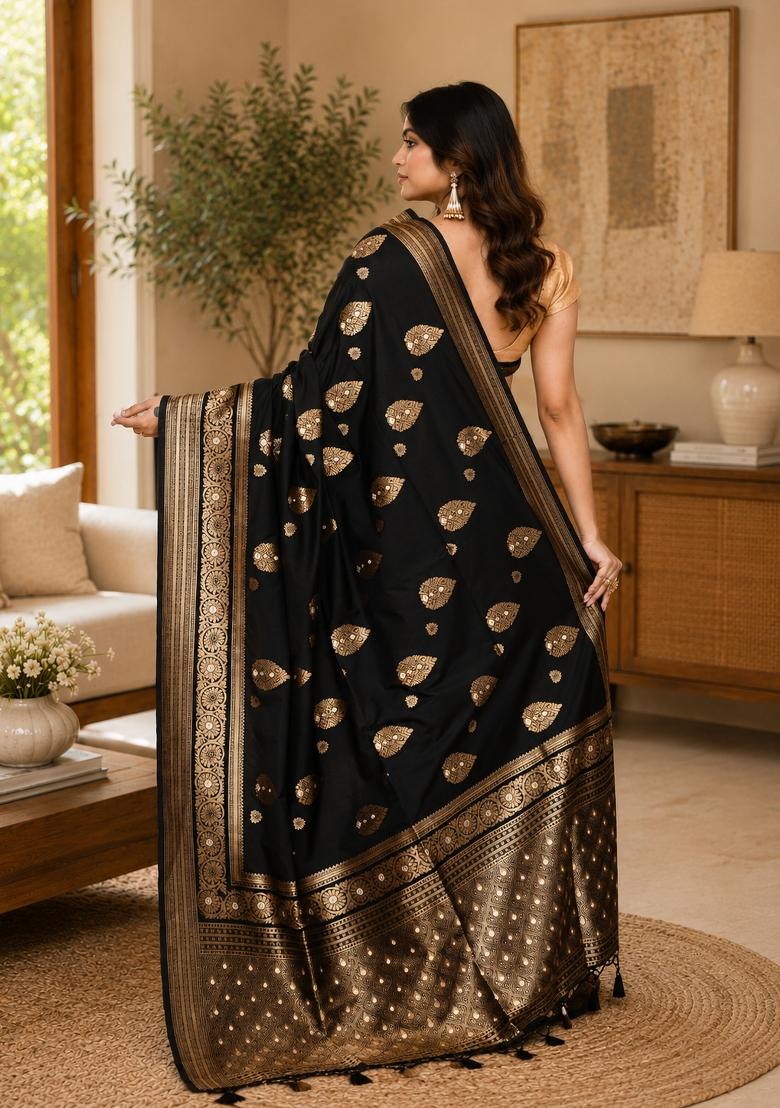 Black Woven Design Silk Saree Set - Indya
