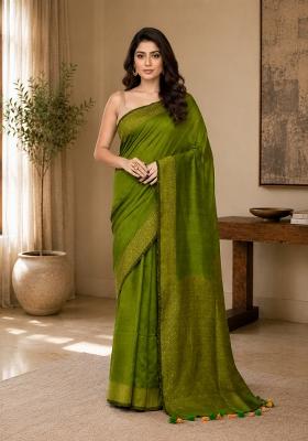 Apple Green Woven Design Cotton Saree Set