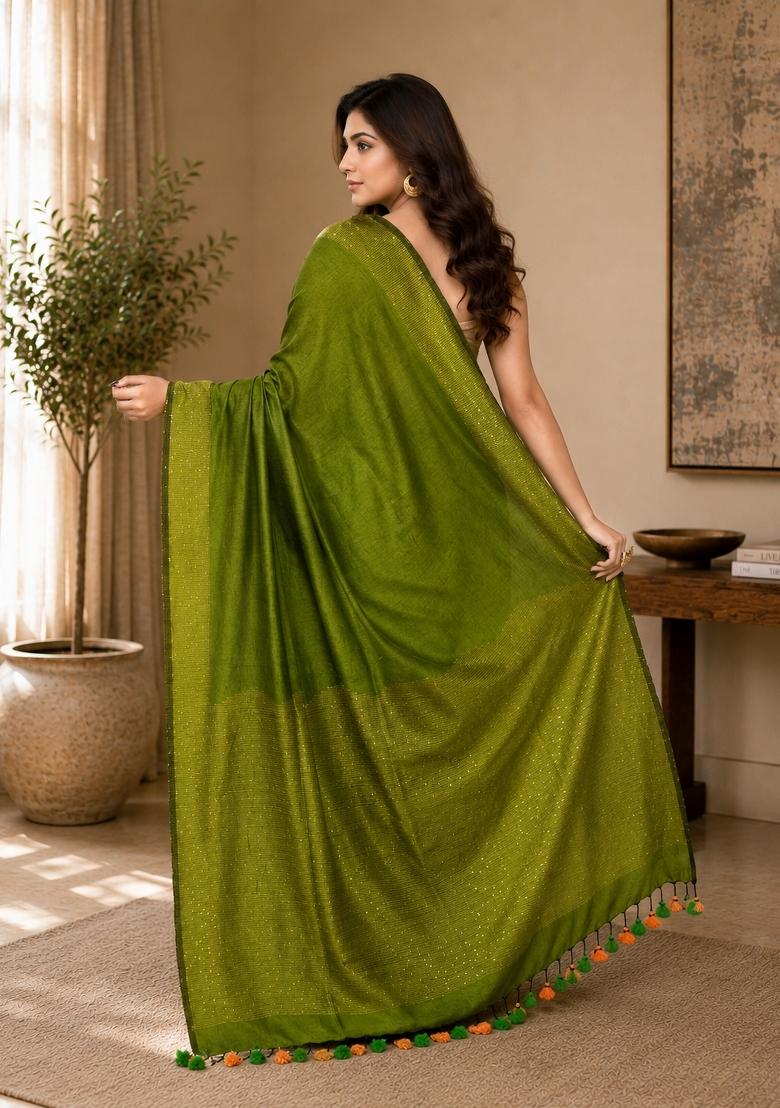 Apple Green Woven Design Cotton Saree Set - Indya