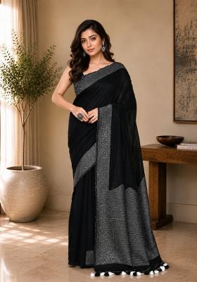 Black Woven Design Cotton Saree Set