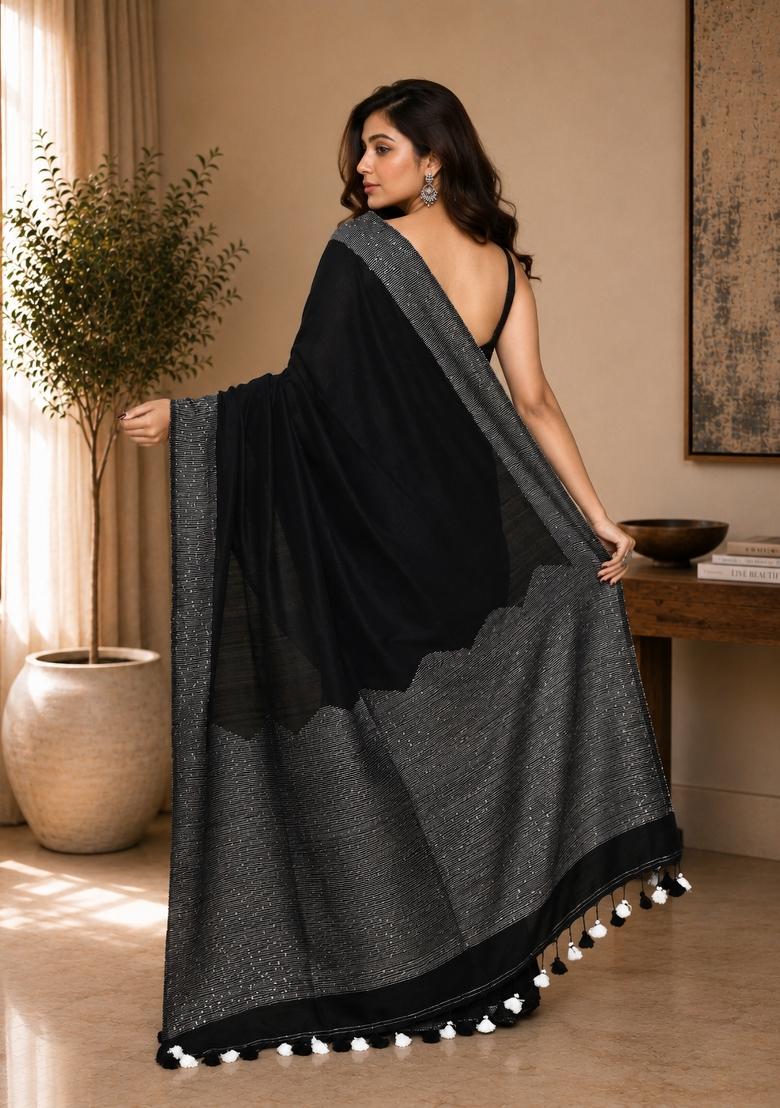 Black Woven Design Cotton Saree Set - Indya