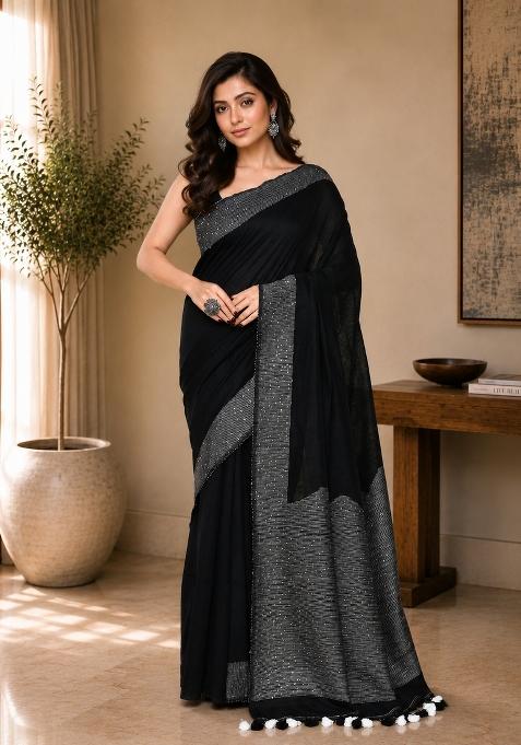 Black Woven Design Cotton Saree Set