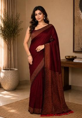 Maroon Woven Design Cotton Saree Set