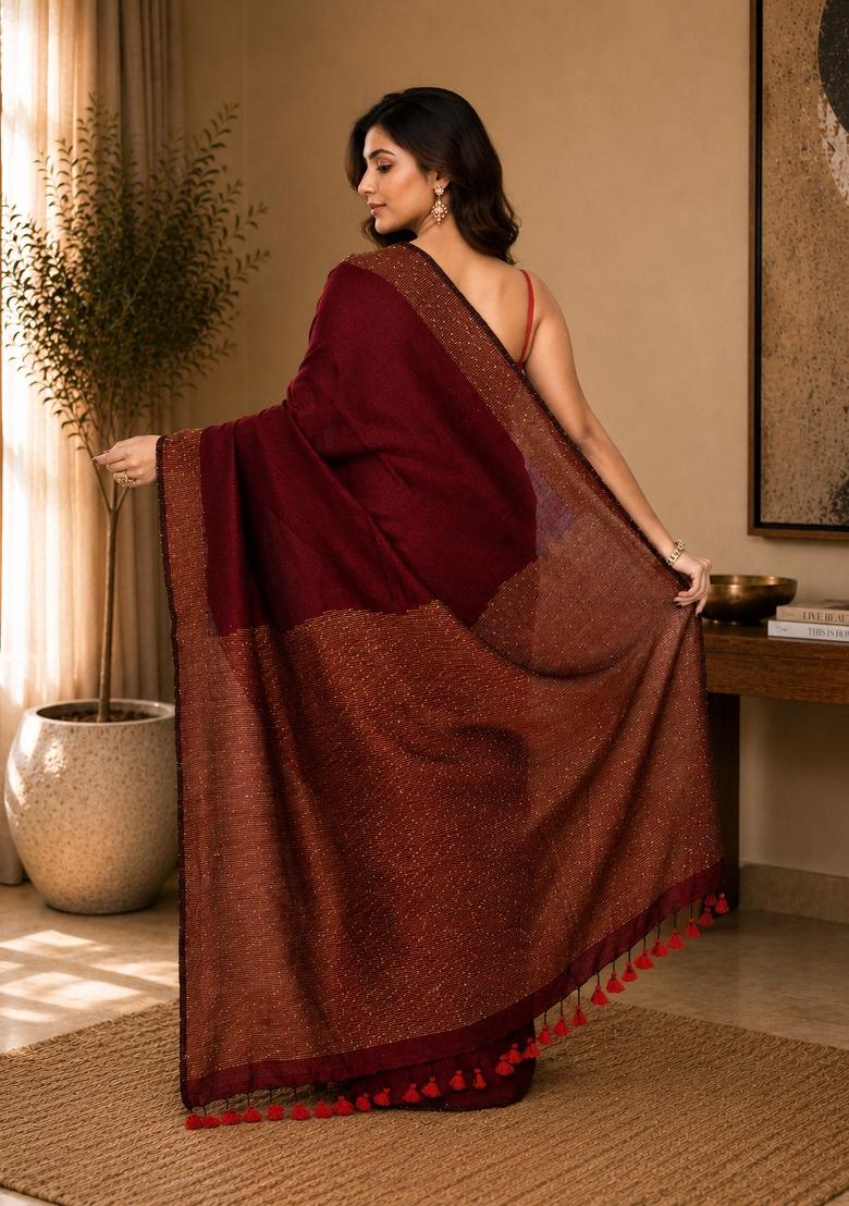 Maroon Woven Design Cotton Saree Set - Indya
