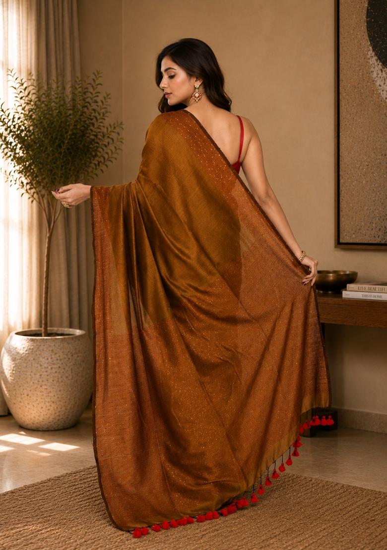 Bronze Woven Design Cotton Saree Set - Indya