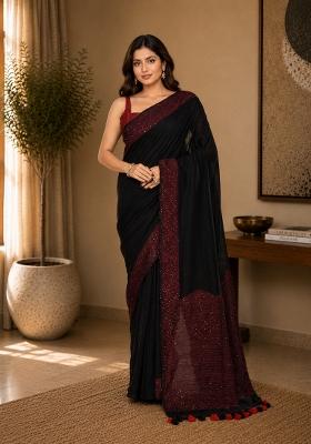Black Woven Design Cotton Saree Set