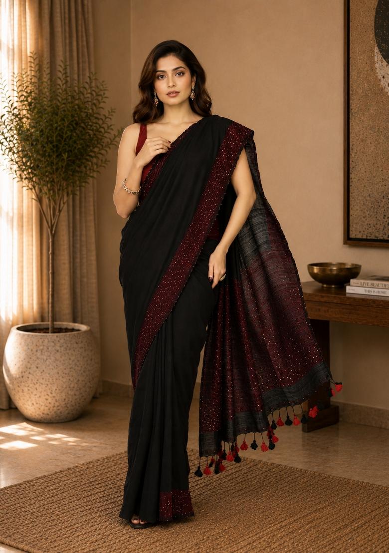 Black Woven Design Cotton Saree Set - Indya