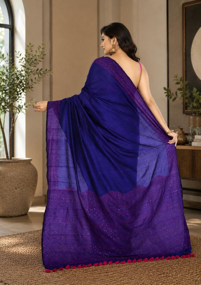 Blue Woven Design Cotton Saree Set - Indya