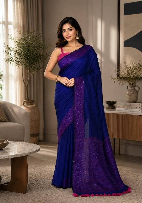 Blue Woven Design Cotton Saree Set