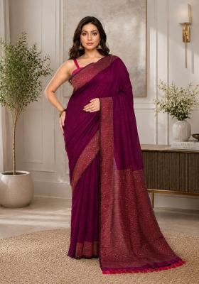 Magenta Woven Design Cotton Saree Set