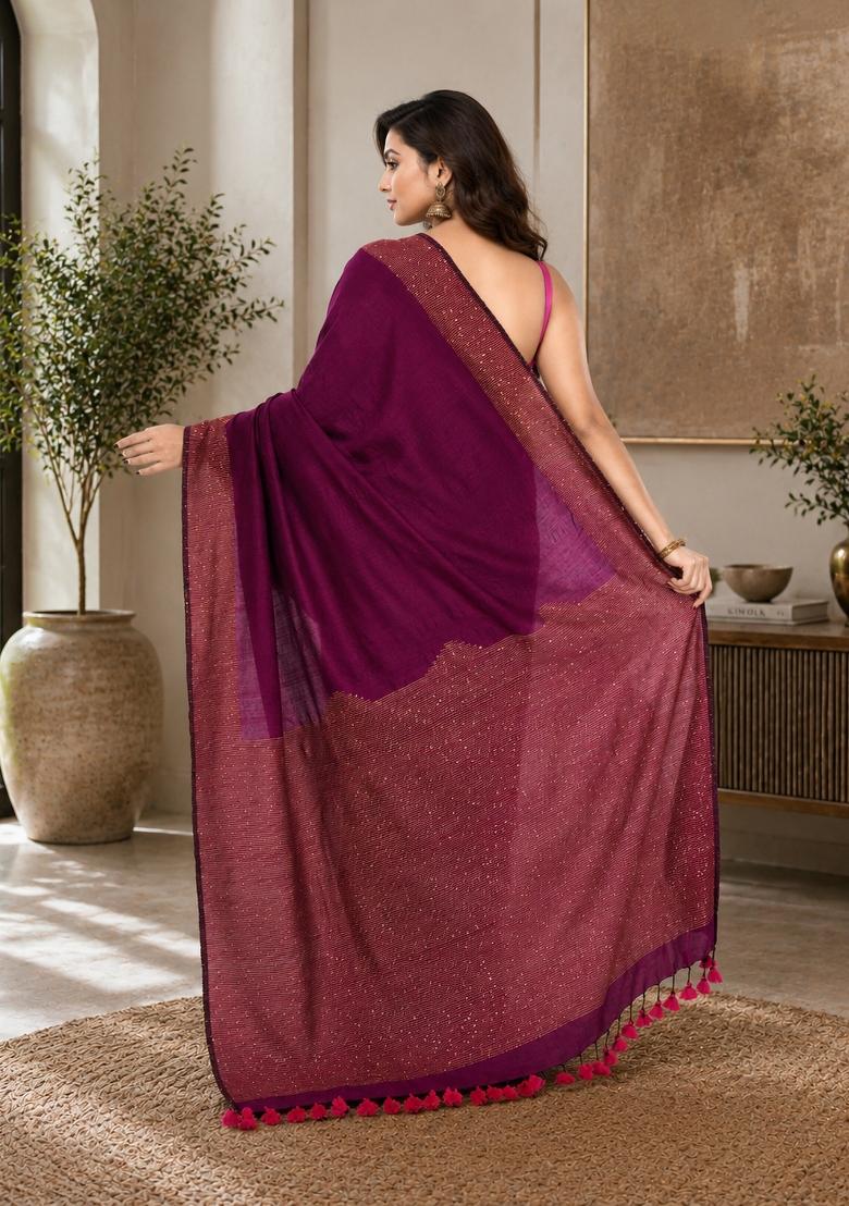 Magenta Woven Design Cotton Saree Set - Indya