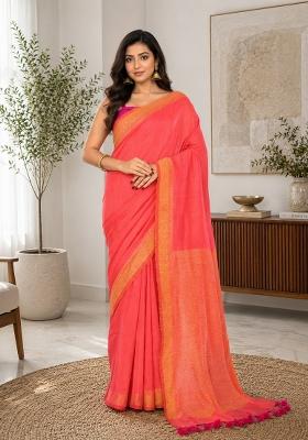 Tomato Red Woven Design Cotton Saree Set