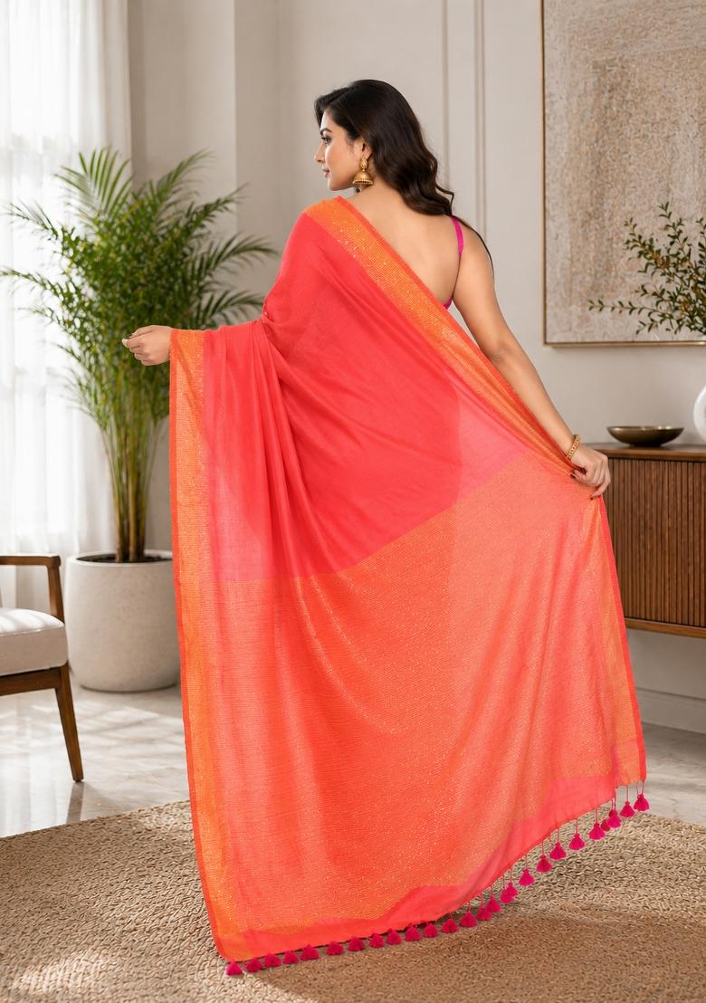 Tomato Red Woven Design Cotton Saree Set - Indya
