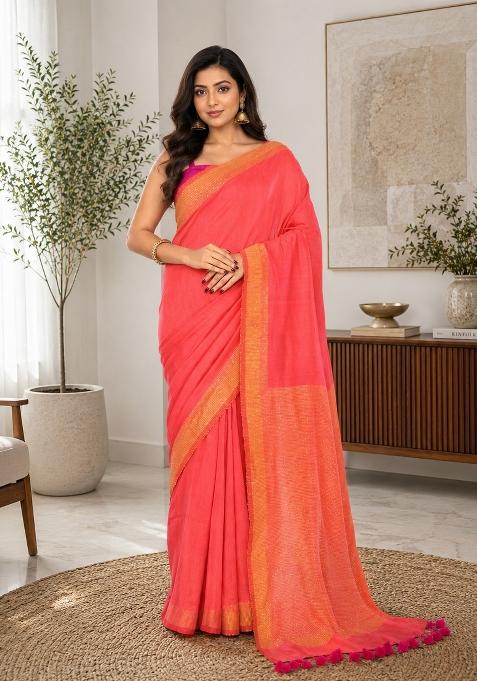 Tomato Red Woven Design Cotton Saree Set