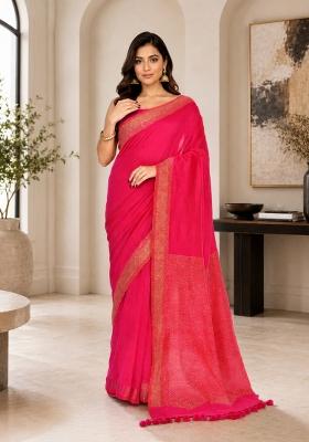 Pink Woven Design Cotton Saree Set