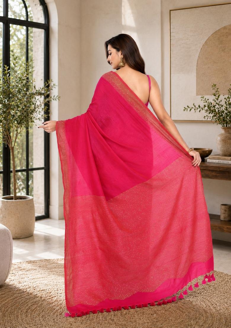 Pink Woven Design Cotton Saree Set - Indya