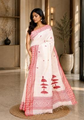 White Woven Design Cotton Saree Set