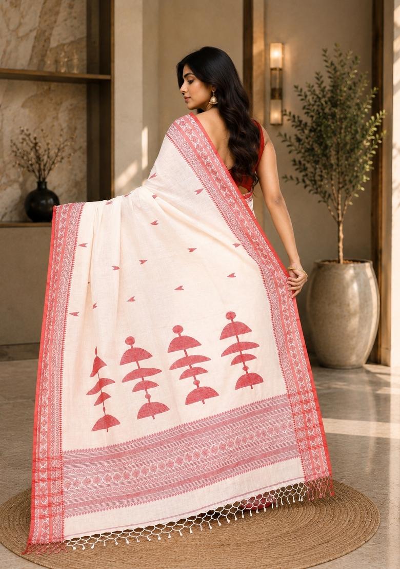 White Woven Design Cotton Saree Set - Indya