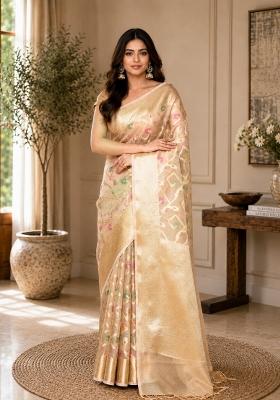 Beige Woven Design Silk Saree Set