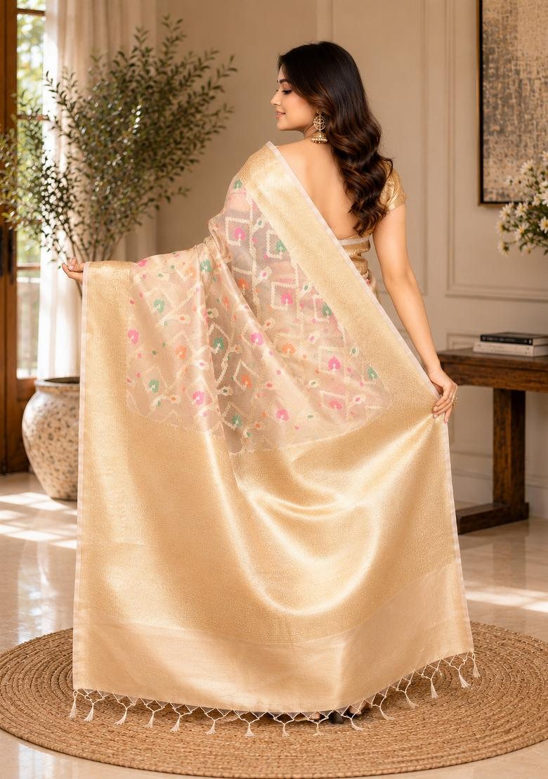 Beige Woven Design Silk Saree Set - Indya