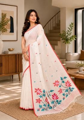 White Woven Design Cotton Saree Set