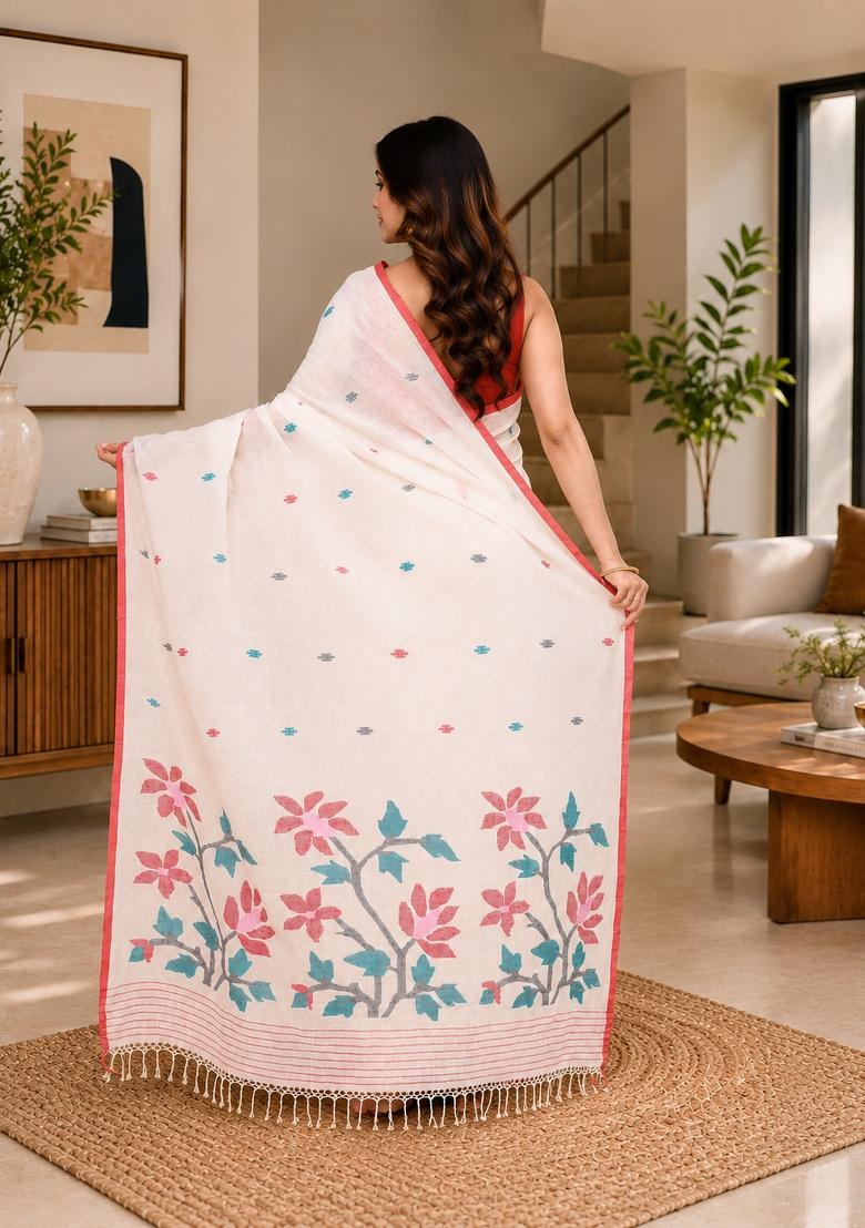 White Woven Design Cotton Saree Set - Indya