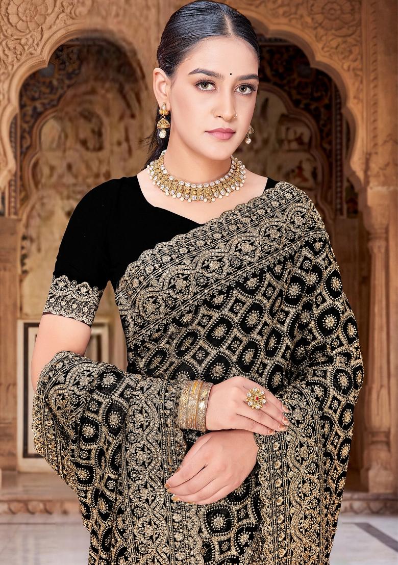 Black Embroidered Georgette Saree Set - Indya
