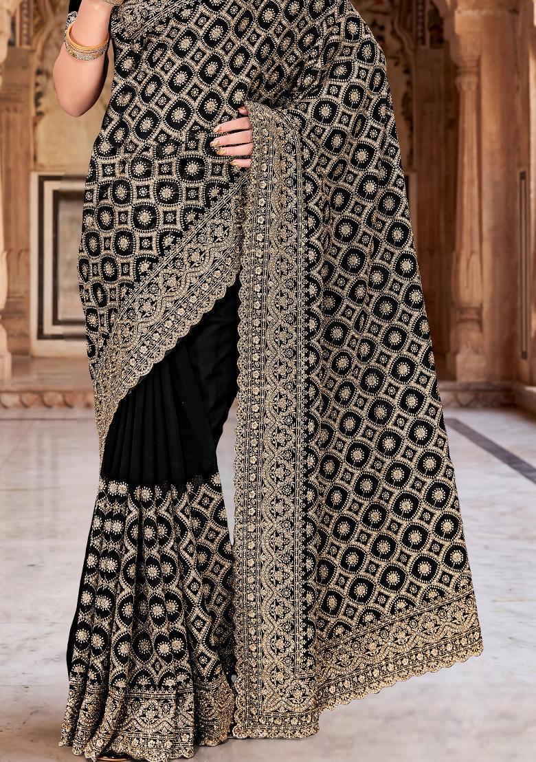 Black Embroidered Georgette Saree Set - Indya