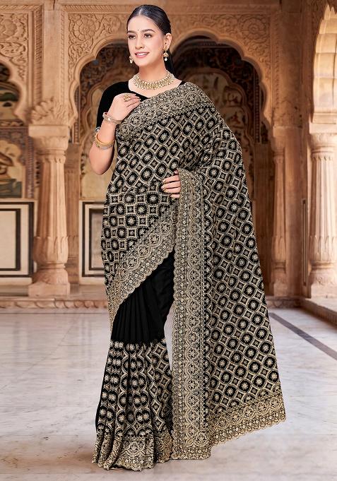 Black Embroidered Georgette Saree Set