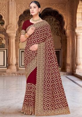 Maroon Embroidered Georgette Saree Set