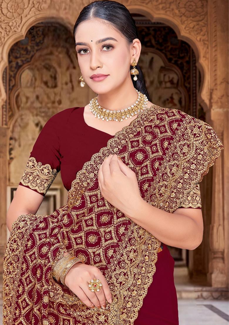 Maroon Embroidered Georgette Saree Set - Indya