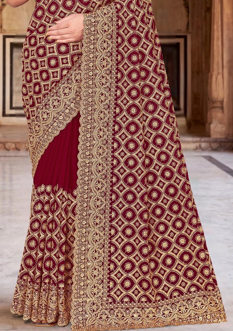 Maroon Embroidered Georgette Saree Set - Indya