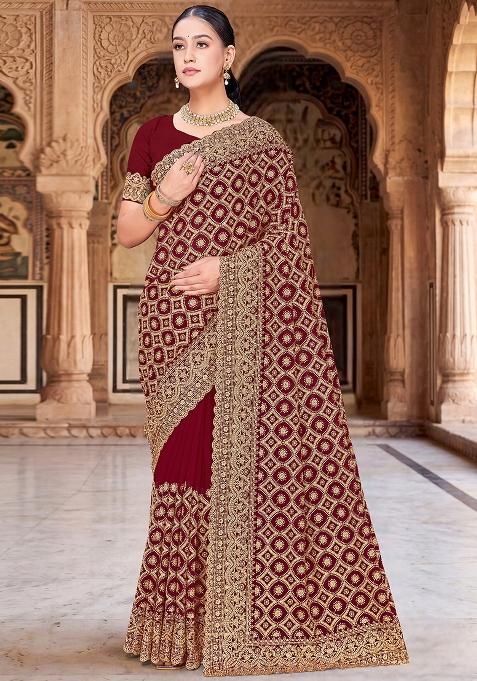 Maroon Embroidered Georgette Saree Set