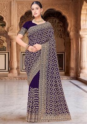 Purple Embroidered Georgette Saree Set