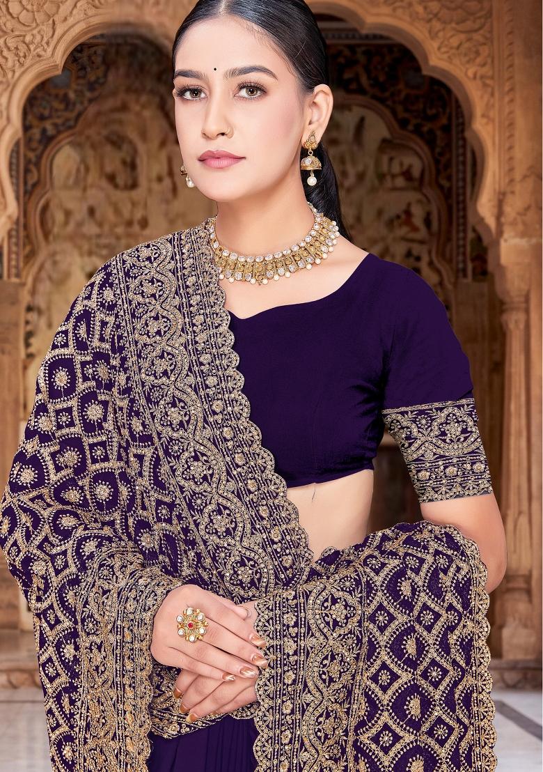 Purple Embroidered Georgette Saree Set - Indya