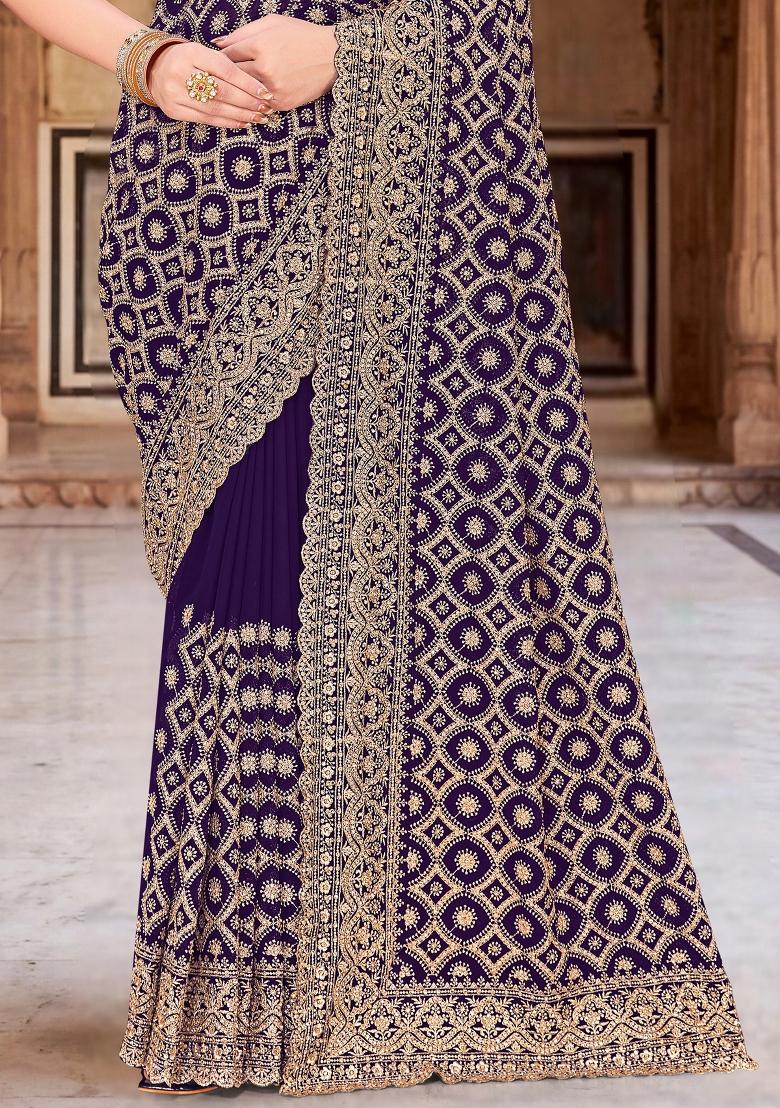 Purple Embroidered Georgette Saree Set - Indya