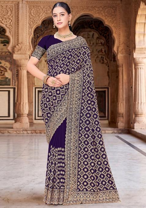 Purple Embroidered Georgette Saree Set