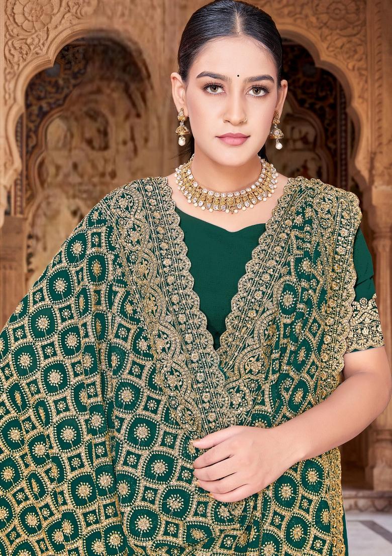 Green Embroidered Georgette Saree Set - Indya
