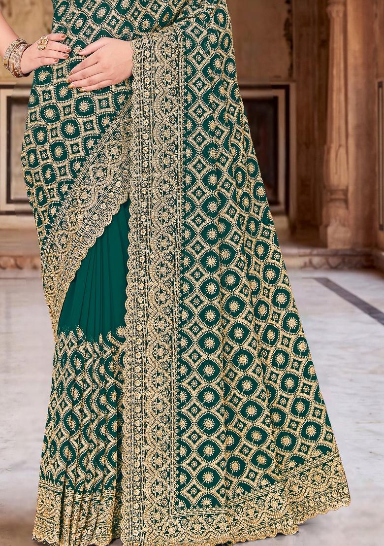 Green Embroidered Georgette Saree Set - Indya