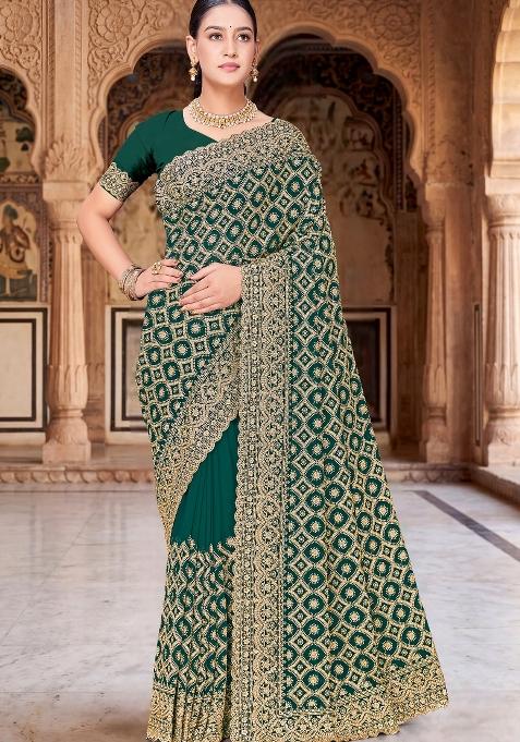 Green Embroidered Georgette Saree Set