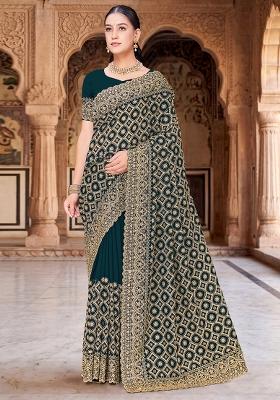 Teal Blue Embroidered Georgette Saree Set