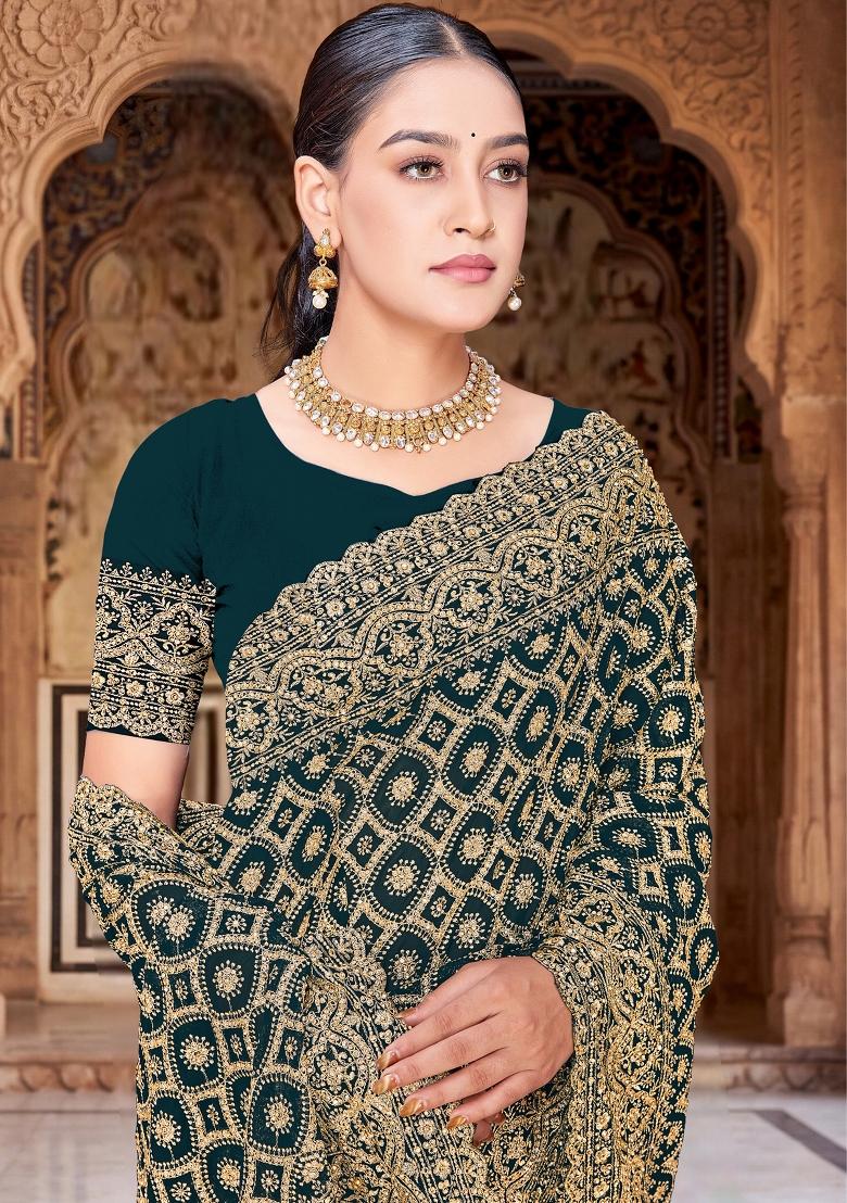 Teal Blue Embroidered Georgette Saree Set - Indya