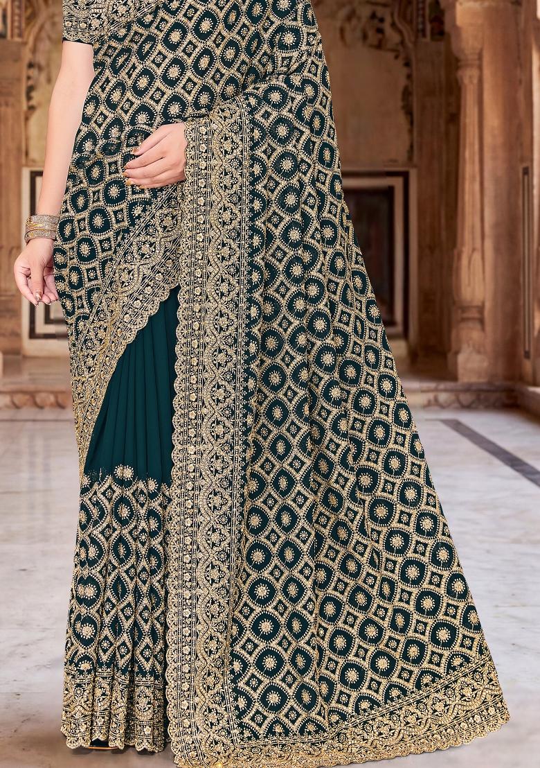 Teal Blue Embroidered Georgette Saree Set - Indya